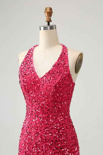 Glitter Fuchsia Sequins Halter Tight Short Prom Dress with Tassels