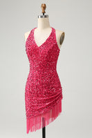 Load image into Gallery viewer, Glitter Fuchsia Sequins Halter Tight Short Prom Dress with Tassels