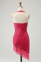 Load image into Gallery viewer, Glitter Fuchsia Sequins Halter Tight Short Prom Dress with Tassels