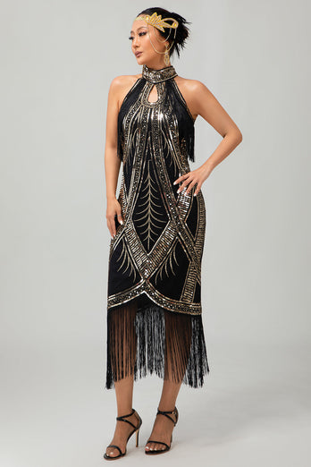 Sparkly Black Golden Sequins Halter Flapper Dress with Fringes
