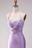 Load image into Gallery viewer, Lilac Satin Halter Beaded Mermaid Long Prom Dress with Slit