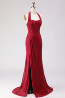 Load image into Gallery viewer, Sparkly Dark Red Halter Mermaid Long Prom Dress with Slit