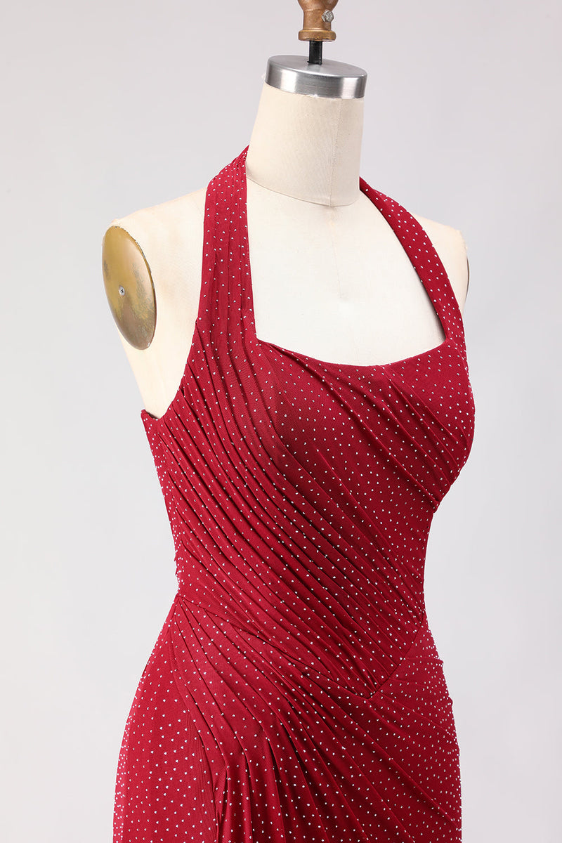 Load image into Gallery viewer, Sparkly Dark Red Halter Mermaid Long Prom Dress with Slit