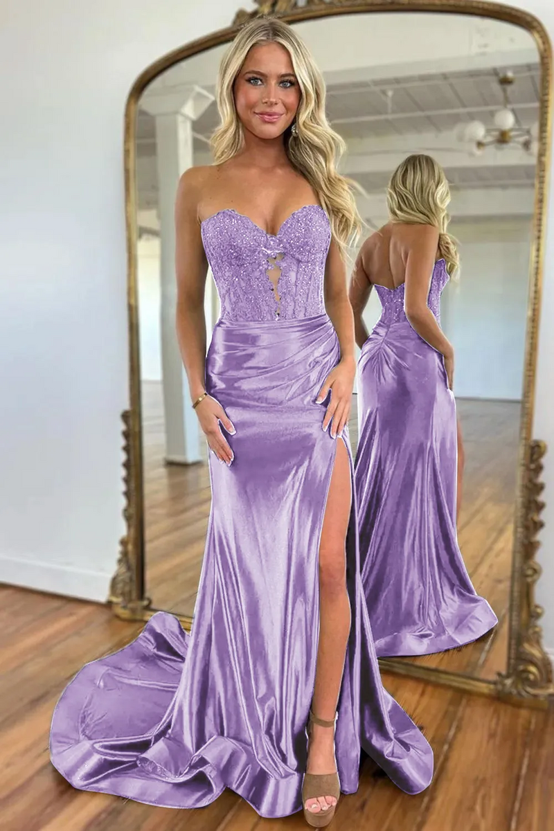 Load image into Gallery viewer, Fuchsia Mermaid Satin Sweetheart Corset Long Prom Dress with Slit