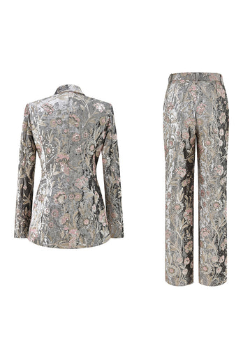 Sparkly 2 Piece Grey Peak Lapel Floral Women Prom Suits with Sequins