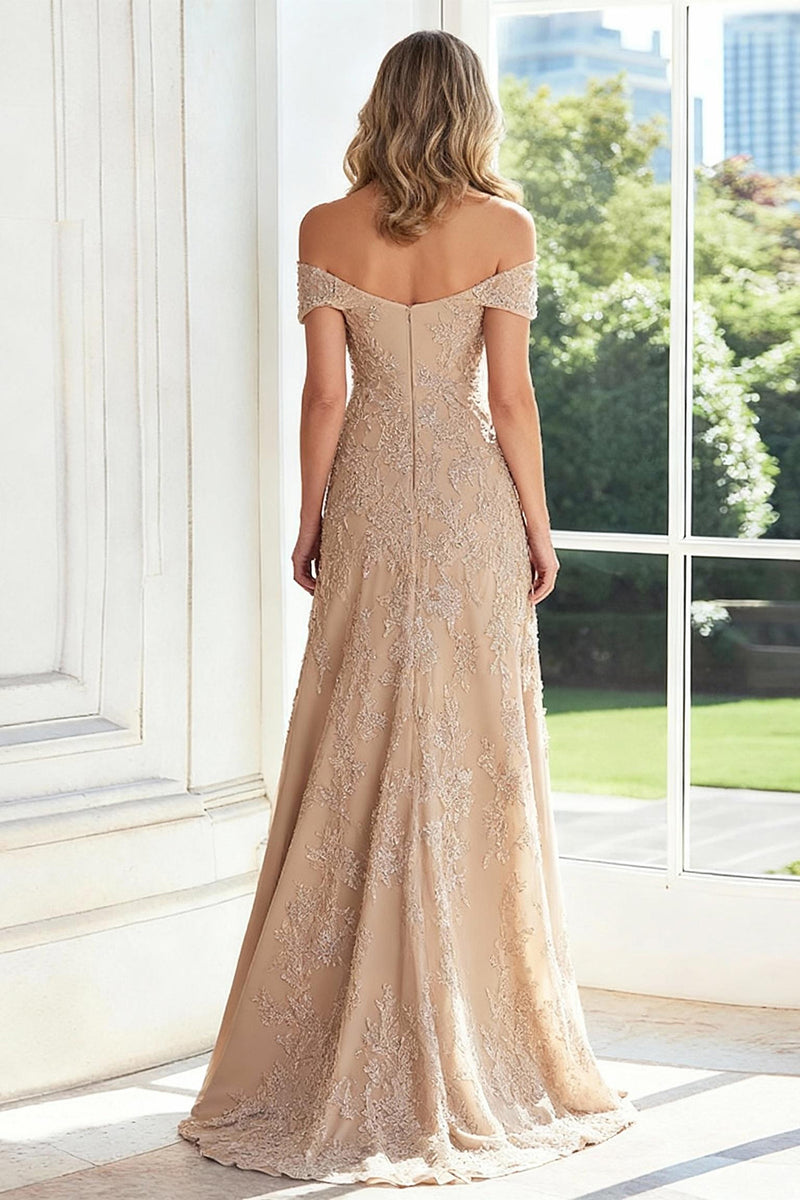 Load image into Gallery viewer, Off The Shoulder Taupe Sheath Mother of the Bride Dress with Lace