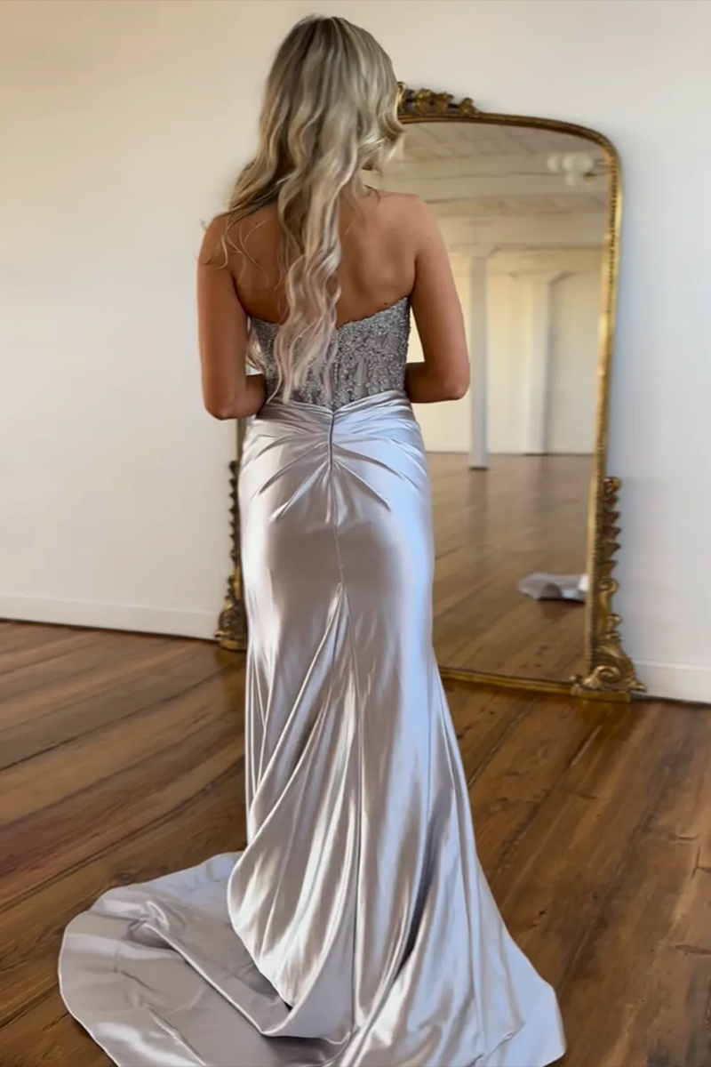 Load image into Gallery viewer, Silver Satin Corset Mermaid Sweetheart Long Prom Dress with Slit