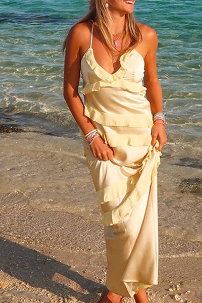 Yellow Spaghetti Straps Sheath Long Wedding Guest Dress with Ruffles