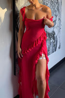 Load image into Gallery viewer, Red Chiffon Ruffled Sheath Long Prom Dress with Slit