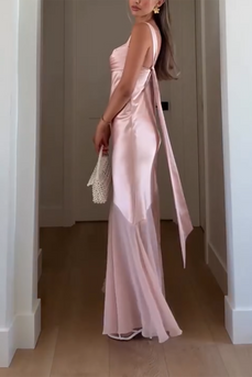 Pink Sheath Satin Square Neck Backless Maxi Formal Dress