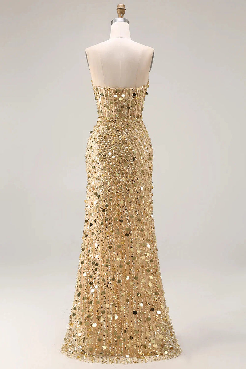 Load image into Gallery viewer, Sparkly Red Strapless Corset Long Sequin Prom Dress with Slit