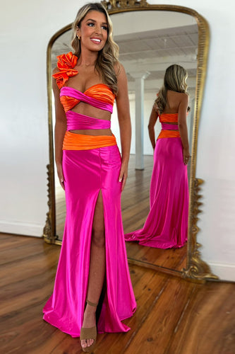 Fuchsia Satin Mermaid Long Prom Dress with Slit