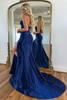Load image into Gallery viewer, Navy Satin Mermaid Sweetheart Long Corset Prom Dress with Slit