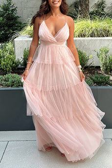 Blush Tulle Halter A Line Tiered Maxi Formal Dress with Ruffles