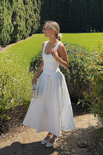 White Scoop Neck A Line Maxi Birthday Dress