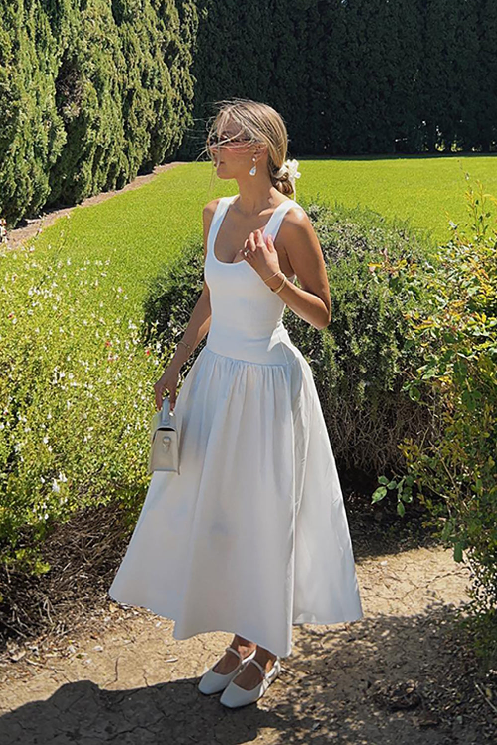 White Scoop Neck A Line Maxi Birthday Dress