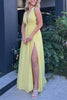 Load image into Gallery viewer, Yellow A Line Pleated Deep V-Neck Chiffon Long Prom Dress with Slit