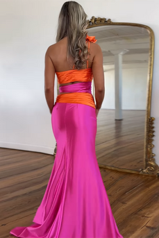 Fuchsia Satin Mermaid Long Prom Dress with Slit