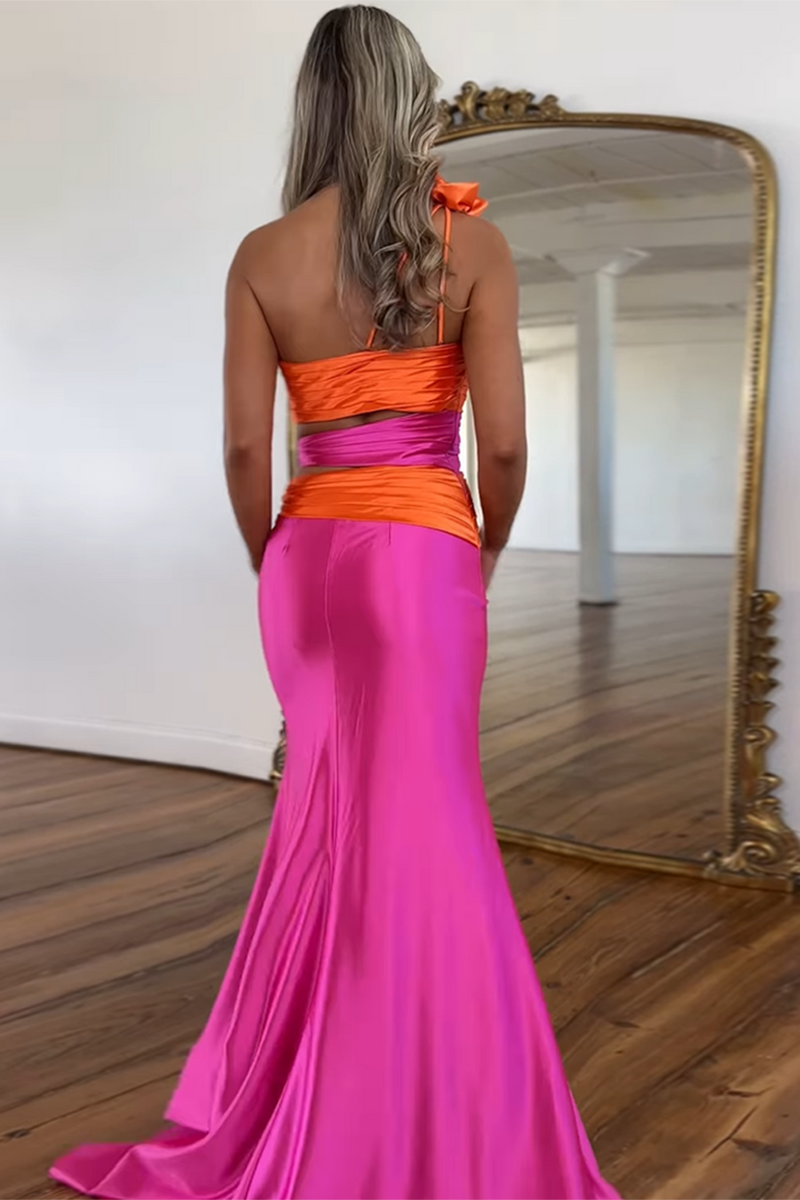 Load image into Gallery viewer, Fuchsia Satin Mermaid Long Prom Dress with Slit