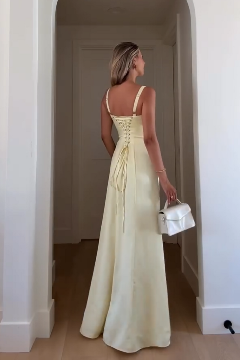 Load image into Gallery viewer, Yellow Satin Corset Spaghetti Straps Sheath Maxi Dress