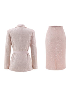 2 Piece Sparkly Pink Sequin Pencil Midi Prom Suits with Sash
