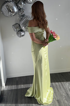 Green Off the Shoulder Sheath Ruched Long Formal Dress
