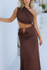 Load image into Gallery viewer, Brown Satin One Shoulder Sheath Ruched Long Wedding Guest Dress