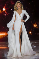 Load image into Gallery viewer, Queendancer UK Women Sparkly White Mermaid Pageant Dress with Slit Asymmetrical Long Sleeves Military Ball Gown Dress with Beading