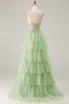 Sparkly Green Beaded Floral Long Corset Prom Dress with Ruffles