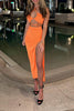 Load image into Gallery viewer, Orange Sheath Halter Cut Out Maxi Prom Dress with Slit