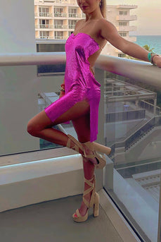 Sparkly Fuchsia Bodycon Strapless Tight Short Birthday Dress with Slit