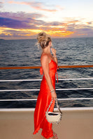 Load image into Gallery viewer, Red Satin Spaghetti Straps Sheath Long Wedding Guest Dress