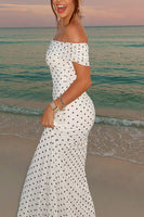 Load image into Gallery viewer, Black and White Dots Sheath Off the Shoulder Maxi Formal Dress