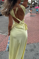 Load image into Gallery viewer, Yellow Satin A Line Thick Straps Maxi Formal Dress