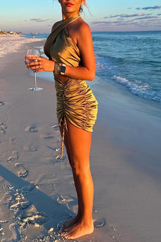Gold Bodycon Halter Cut Out Ruched Mini Birthday Dress