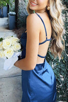 Load image into Gallery viewer, Navy Bodycon Spaghetti Straps Backless Mini Birthday Dress with Lace