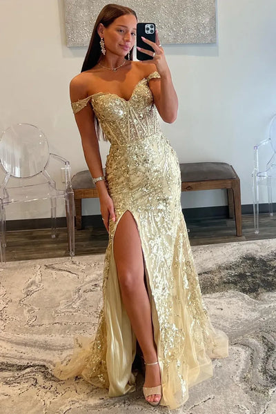 Queendancer Women Sparkly Golden Corset Long Prom Dress with Slit Mermaid Tulle Party Dress Off The Shoulder Evening Dress with Sequins