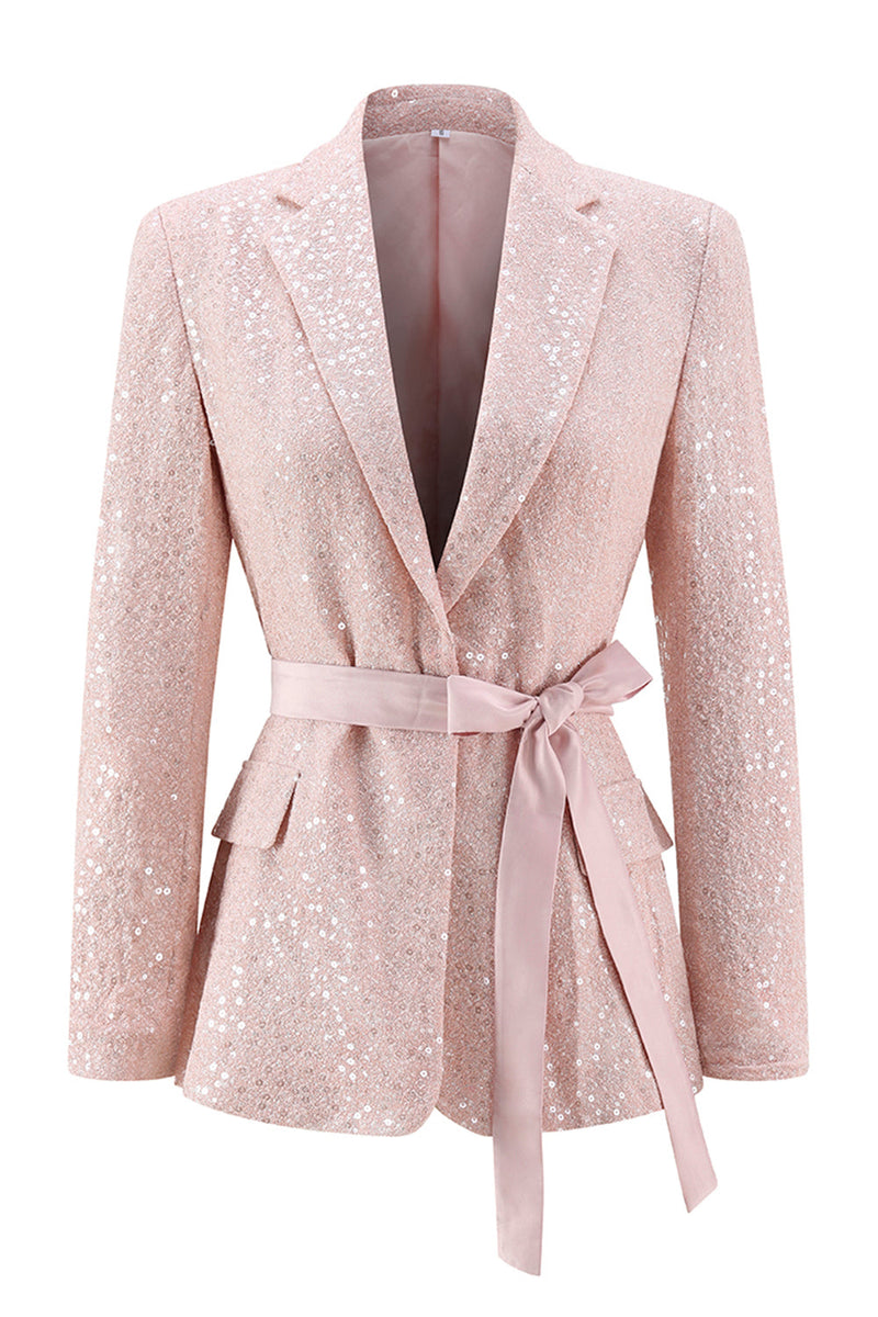 Load image into Gallery viewer, 2 Piece Sparkly Pink Sequin Pencil Midi Prom Suits with Sash
