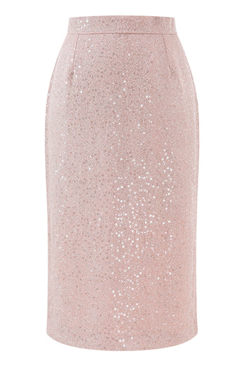 2 Piece Sparkly Pink Sequin Pencil Midi Prom Suits with Sash
