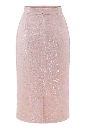 2 Piece Sparkly Pink Sequin Pencil Midi Prom Suits with Sash