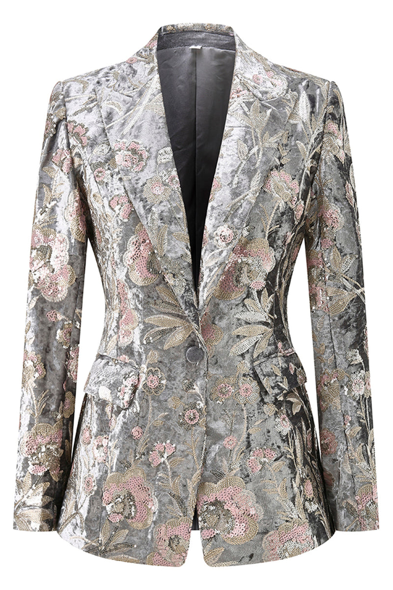 Load image into Gallery viewer, Sparkly 2 Piece Grey Peak Lapel Floral Women Prom Suits with Sequins