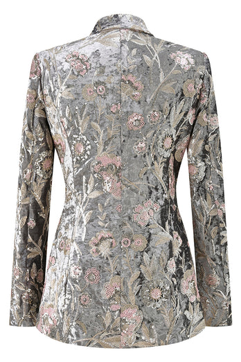Sparkly 2 Piece Grey Peak Lapel Floral Women Prom Suits with Sequins