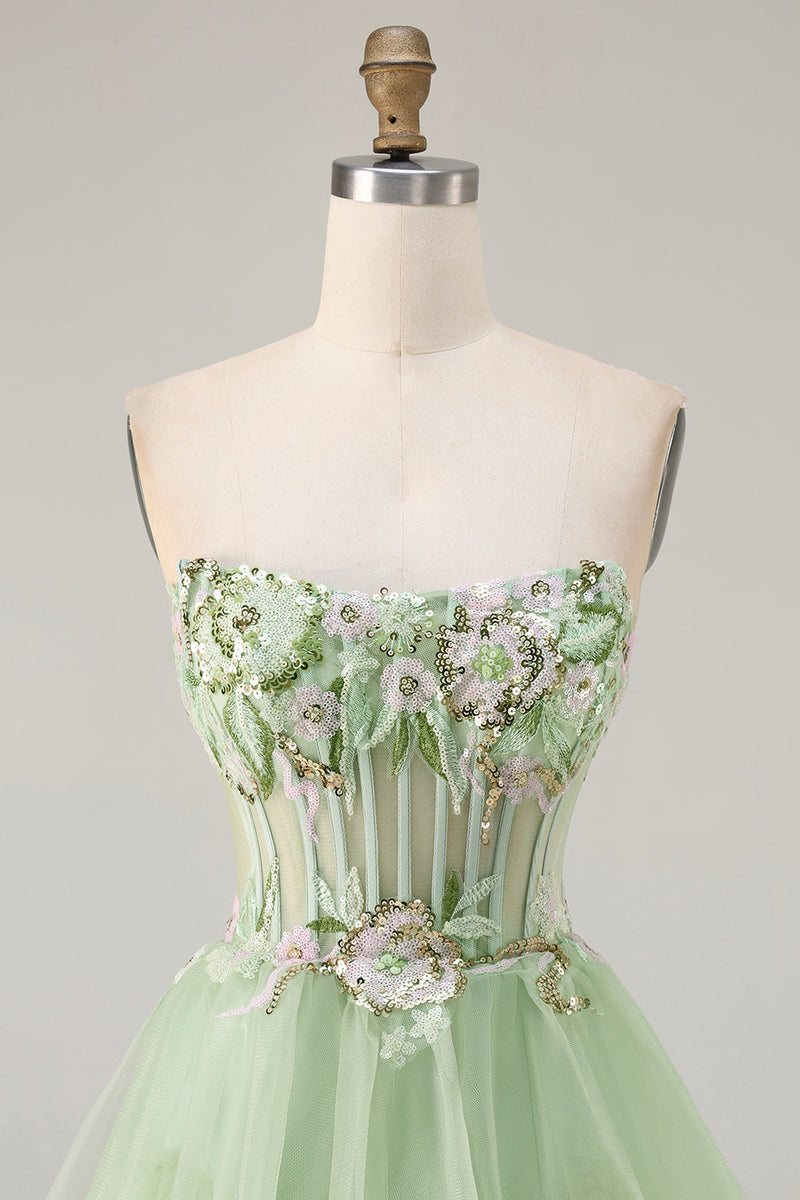 Load image into Gallery viewer, Sparkly Green Beaded Floral Long Corset Prom Dress with Ruffles