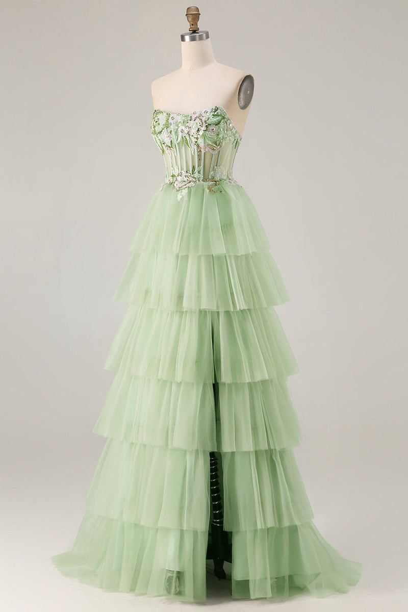 Load image into Gallery viewer, Sparkly Green Beaded Floral Long Corset Prom Dress with Ruffles