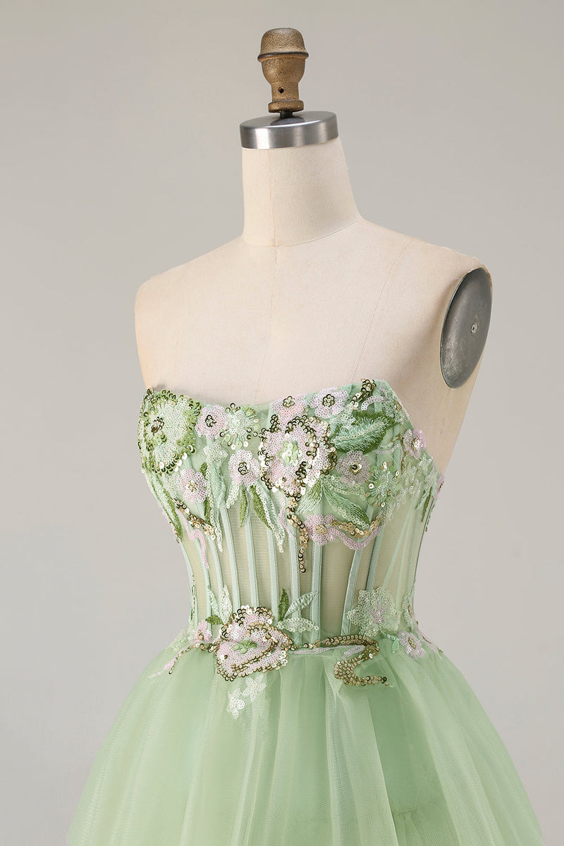 Load image into Gallery viewer, Sparkly Green Beaded Floral Long Corset Prom Dress with Ruffles