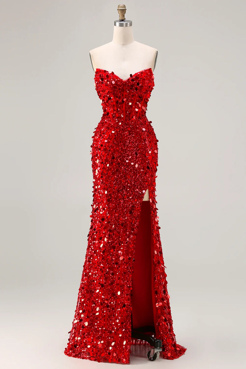 Load image into Gallery viewer, Sparkly Red Strapless Corset Long Sequin Prom Dress with Slit