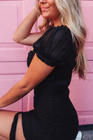 Load image into Gallery viewer, Black Bodycon Ruched Mini Birthday Dress with Sleeves