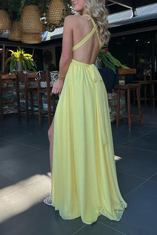 Yellow A Line Pleated Deep V-Neck Chiffon Long Prom Dress with Slit