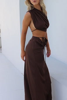 Brown Satin One Shoulder Sheath Ruched Long Wedding Guest Dress