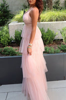 Load image into Gallery viewer, Blush Tulle Halter A Line Tiered Maxi Formal Dress with Ruffles